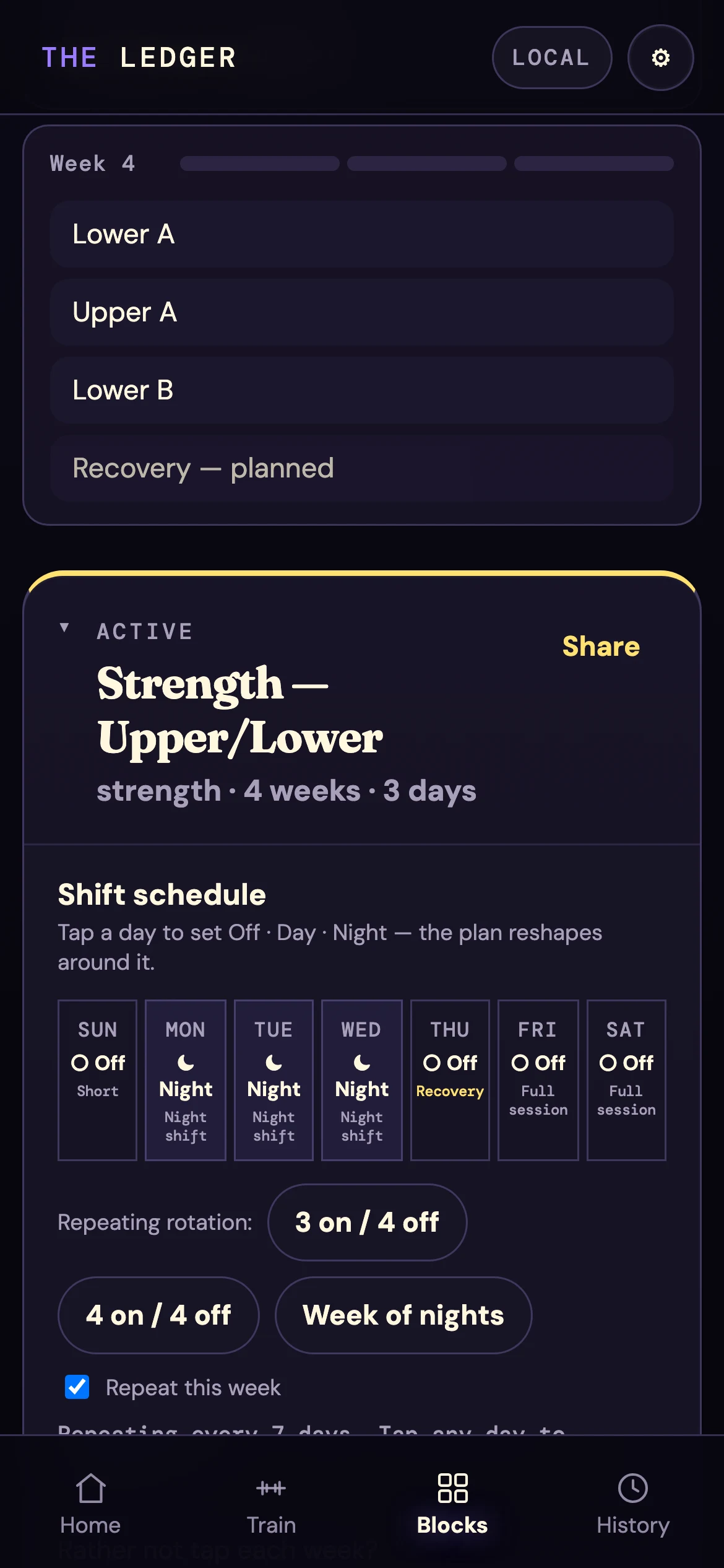 The shift schedule tap grid: three nights, then a first day off marked Recovery in gold, then full sessions on later off-days.